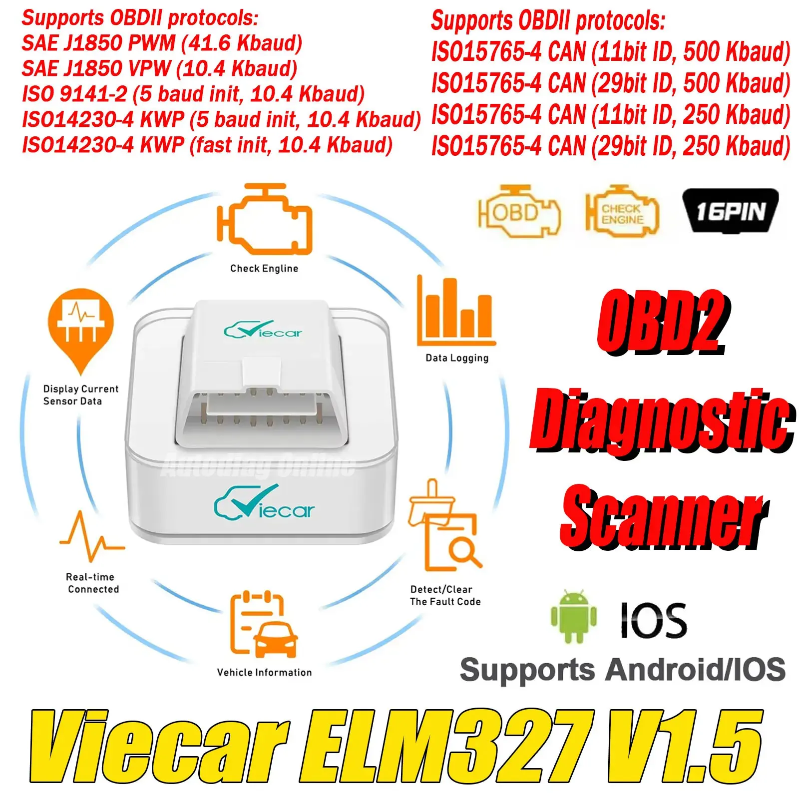 

Viecar Car Diagnostic Scanner Bluetooth 4.0 PIC18F25K80 Code Reader OBD2 Auto Diagnostic Scanner for Android/IOS ELM327 V1.5