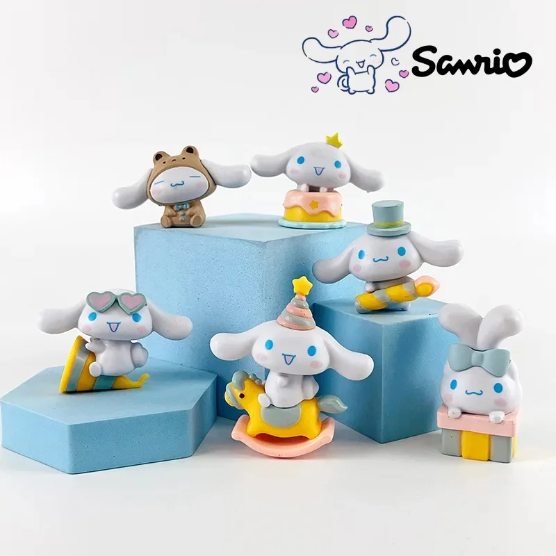 SANRIO Cinnamoroll โมเดลตุ๊กตาอะนิเมะแอคชั่นซินนาโมโรล6ชิ้นโมเดลของเล่นการ์ตูน kado ulang tahun ตกแต่งห้อง