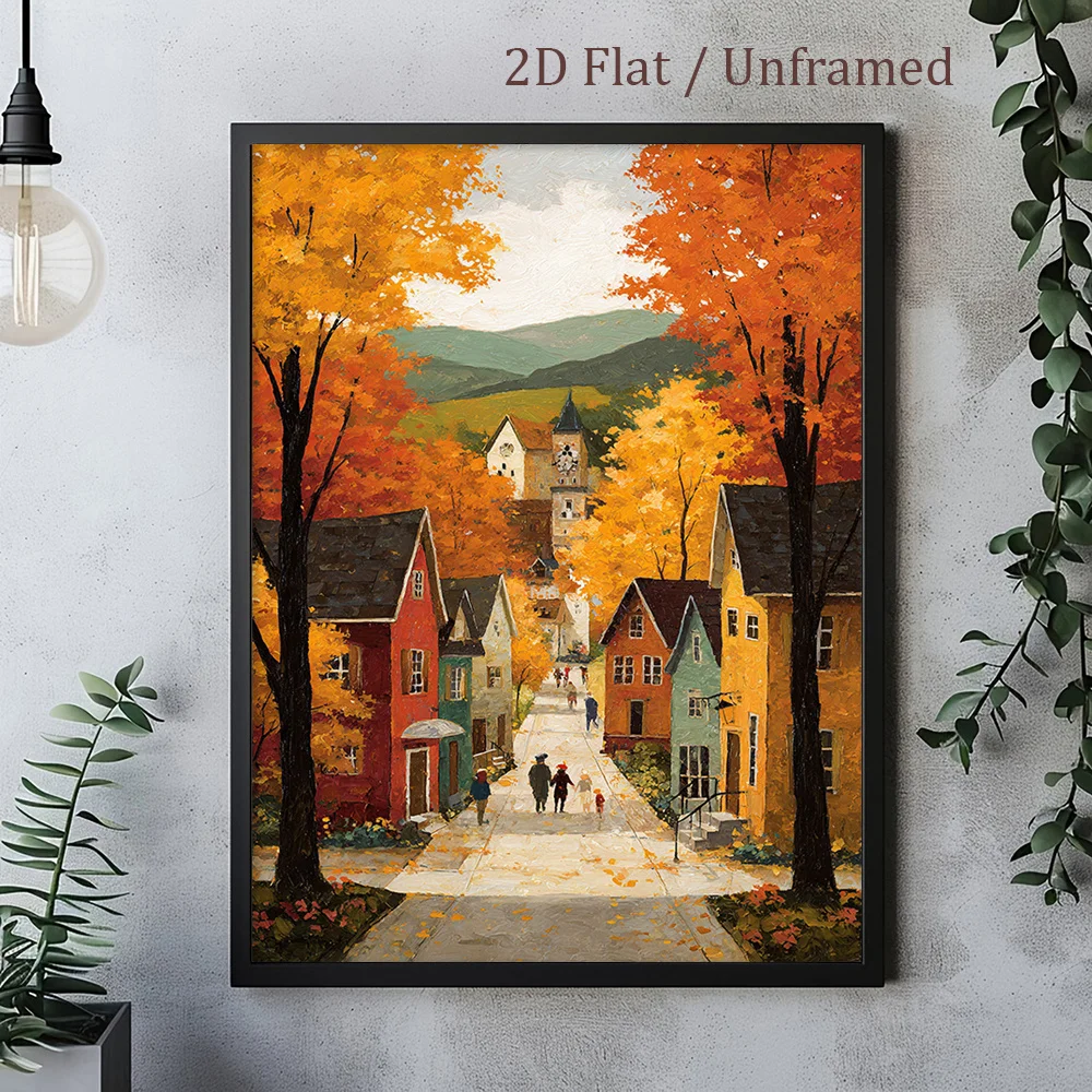 2D Flat, 2D Flat, 1pc Unframed Canvas Paintings, Autumn Village Home Decor, Fall Landscape Wall Art Poster, Warm Colors Art P