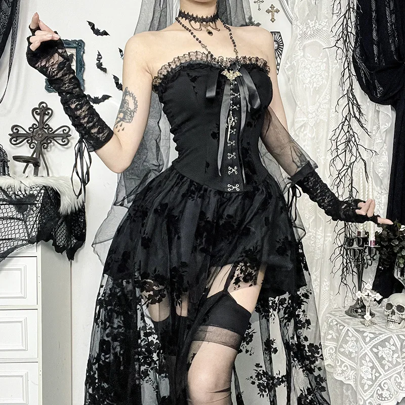 

Adult Women Halloween Day of The Dead Costume Cosplay Witch Sexy Gothic Style Strapless Corset Mini Dress Themed Party Outfit