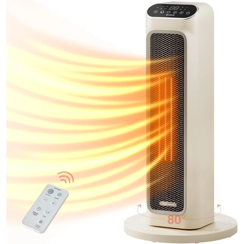 25 inch oscillating digital ceramic tower heater, suitable for indoor large rooms, with adjustable thermostat and 24-hour timer