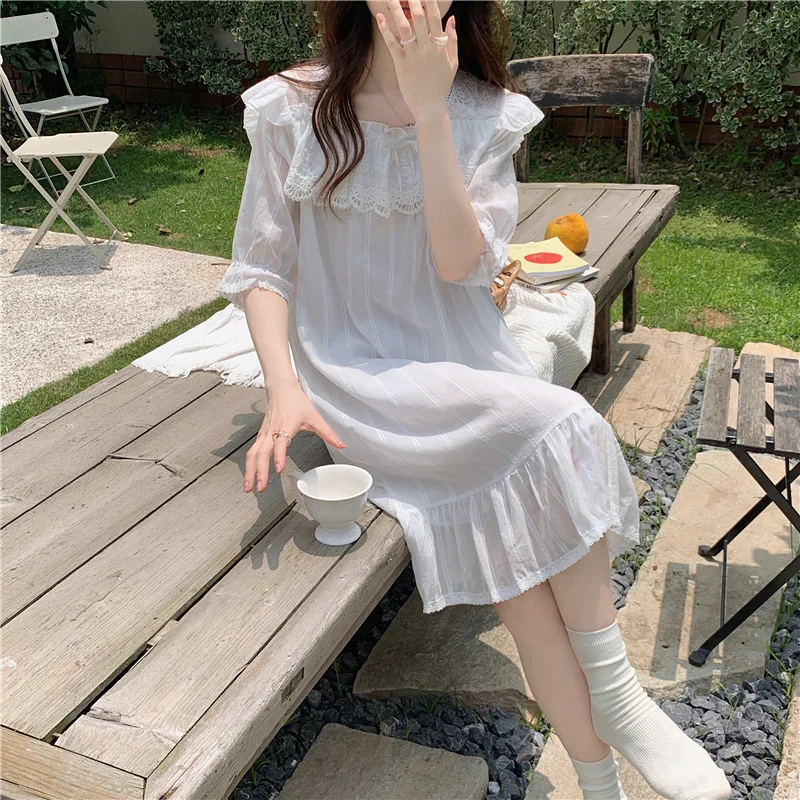Summer Nightgown Women Chiffon Short Sleeve Lace Mesh Nightdress Palace Princess Sweet Sleepdress Cute Spring Homewear Nightwear