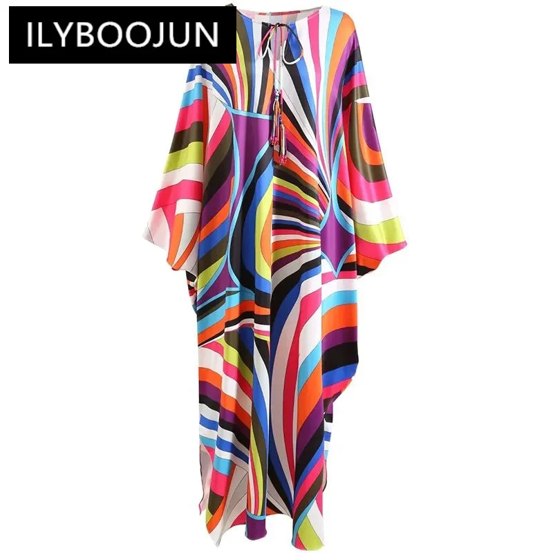 

Fashion Autumn Winter Women's dress Batwing Sleeve Rainbow stripe Print Loose robe Elastic knitting Dresses