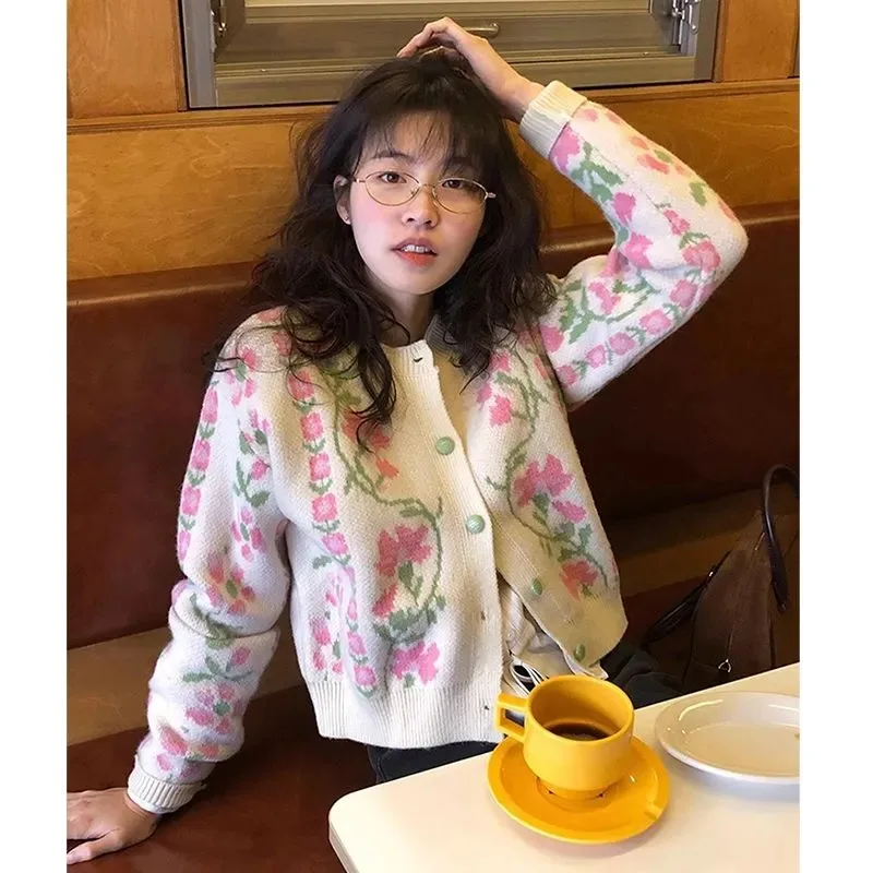 

Women's Clothing Elegant Floral Jacquard Knitted Cardigan Autumn Winter Fashion Single Breasted Slim O-neck Sweaters