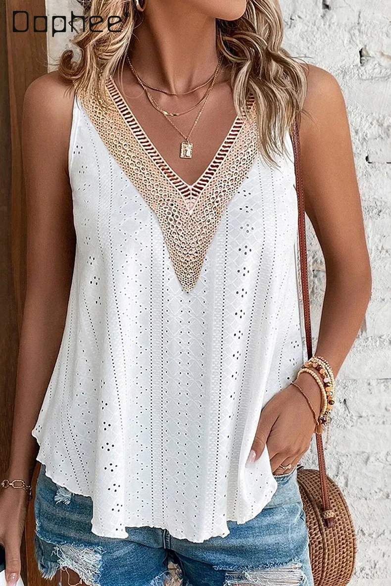 

Women's Casual Boho Tank Top V-Neck Top Sleeveless Hollow Out Top Pullovers Camis Tops Chic Sling Beach Vacation Vest Summer
