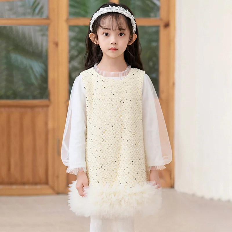 2025Winter Girls' Sequin Vest Dress Children's Princess Dress Stylish First Birthday Fleece Lined Formal Dress