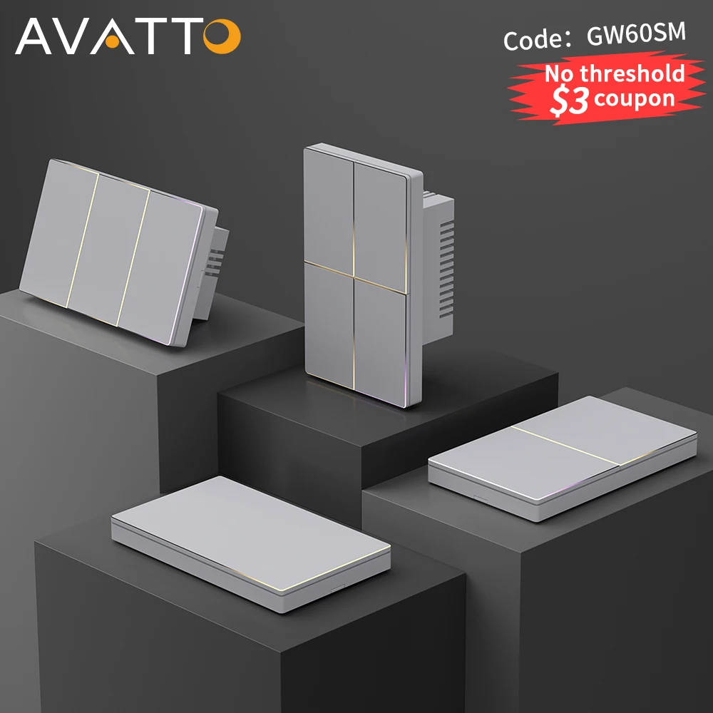 AVATTO Tuya WiFi 1/2/3/4Gang Smart Light Switch，US Push Button Switch With Ambient Light APP Control Support Alexa Google Home