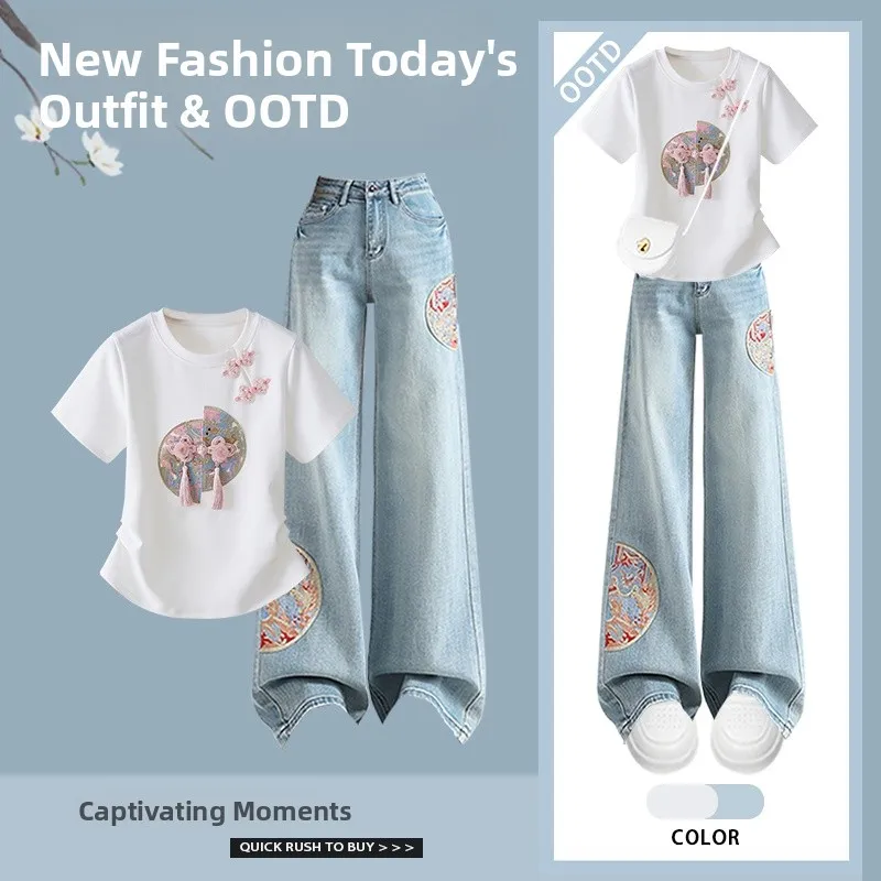 Nuevo verano chino Sle mujer Faion Set camiseta bordado Denim Jeans conjunto de dos piezas tendencia nacional redondo Ne ort Sl...
