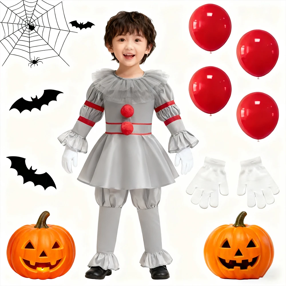

Scary Joker Same Top+Pants+Balloon+Gloves 4Pcs Sets For Children Halloween Costume Horror Ghost Movie Clown Role-play Clothing