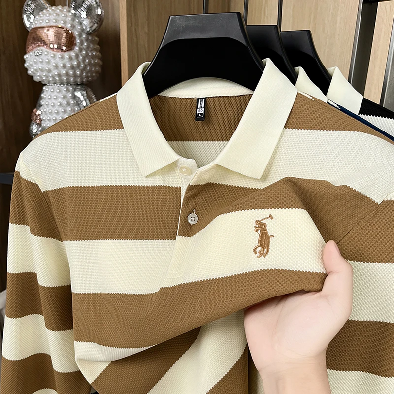 

Cotton Striped Lapel Long Sleeved Polo Shirt for Men in Spring and Autumn 2025 New Style