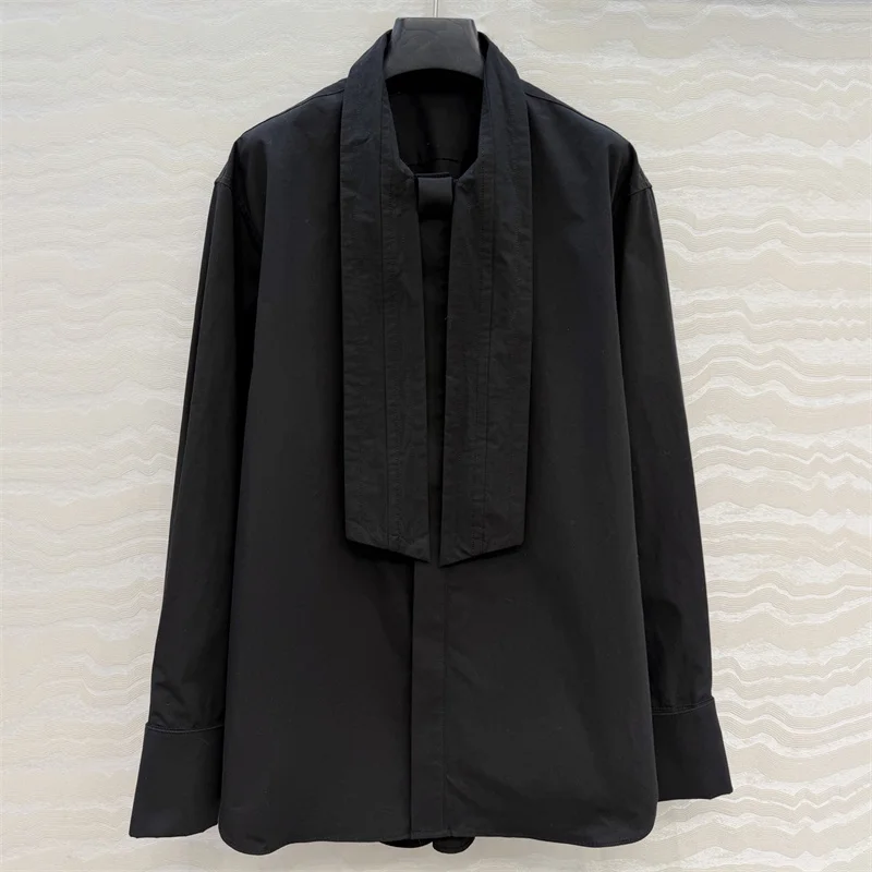 Women's shirt New single breasted slim fit long sleeved top for spring 2026 100% cotton Women's blouse scarf collar women's tops
