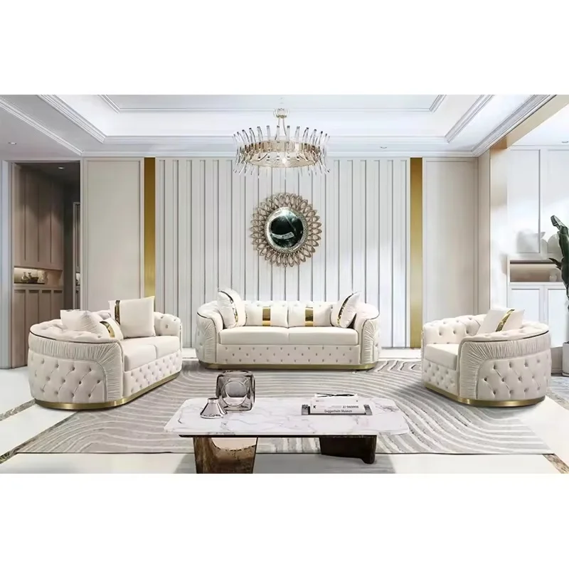 Modern Luxury Custom Wooden Frame Sofa Velvet Fabric Button Tufted Sofa Set Premium Living Room Furniture for Home Villa