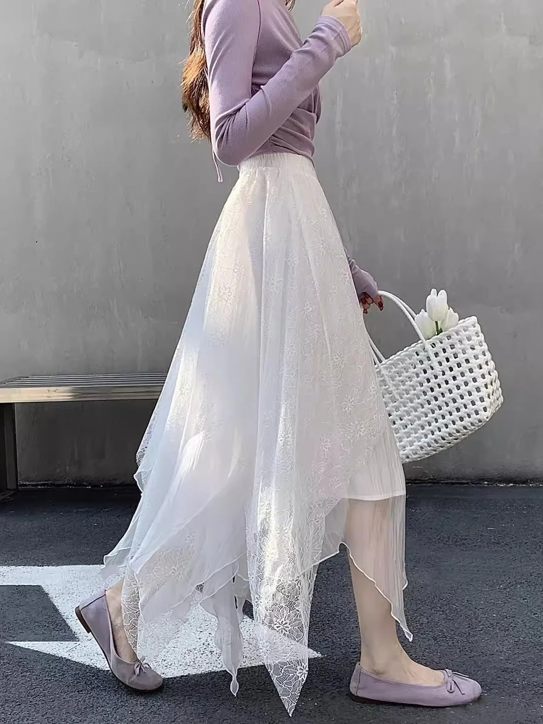 

Asymmetric High Waist Slimming Long Skirt Women's Spring Autumn White Lace Me Gauze Draped A-Line Midi Skirt