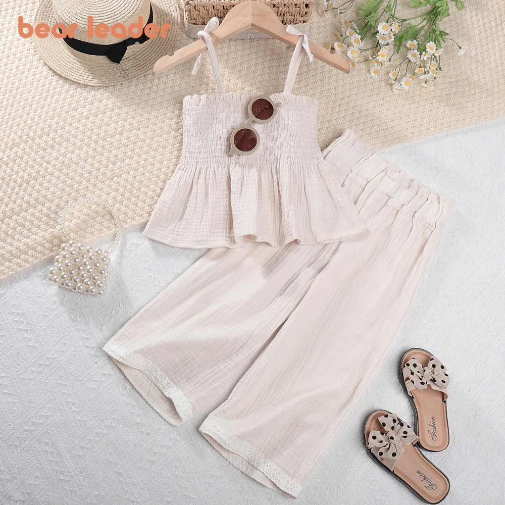 Bear Leader Korean Children Kids Clothing Set Girls Summer Organic Cotton  Camisole Top Lace Wide Leg Pants Trousers Outfits