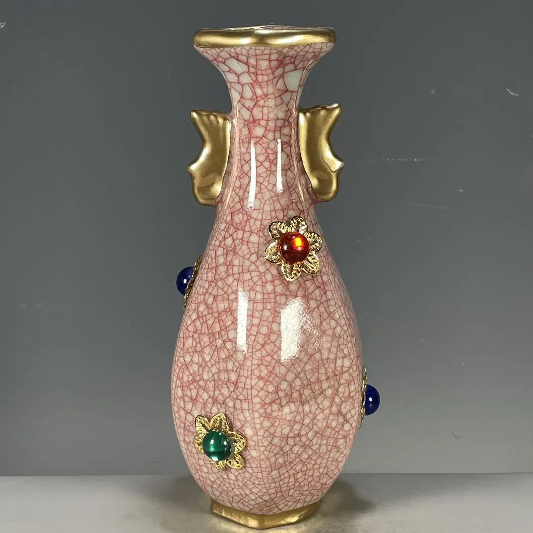 Imitation Chinese-style porcelain, Lu Qinzhai Ge kiln red glaze full crackle inlaid gemstone double-eared appreciation vase