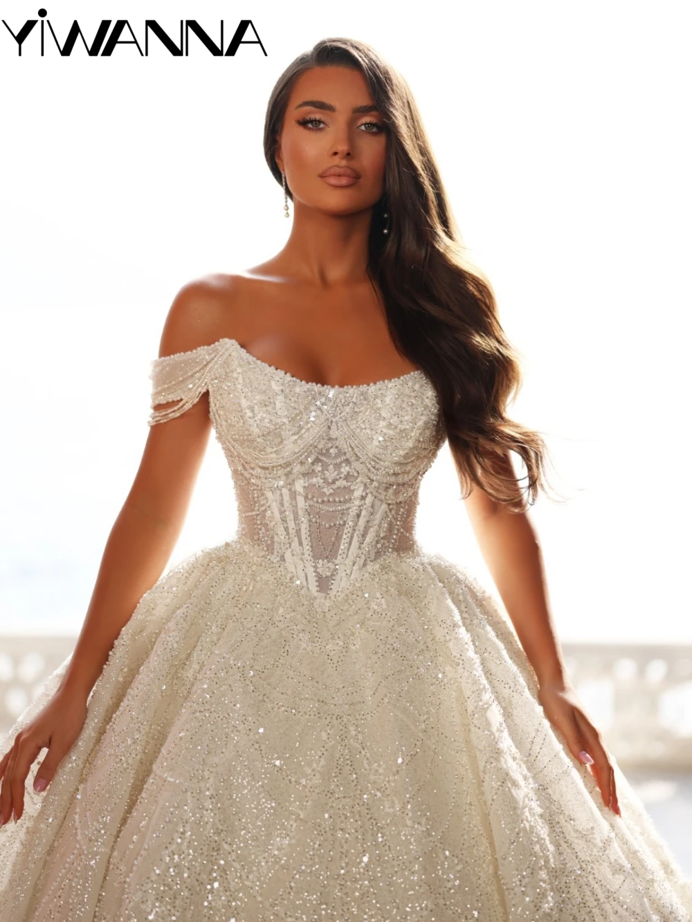 

Shimmering Beaded Pearls Long Wedding Dress Dreamy Off Shoulder Bridal Gown Customized Gorgeous Strapless Dresses For Bride