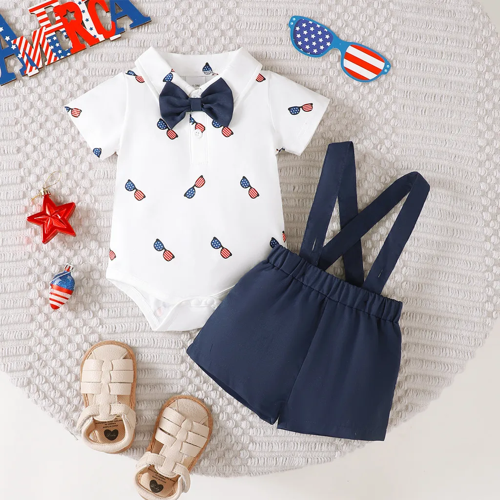 Set for 1-18Months Newborn&Infant Baby Boy Gentleman Pattern Print Paired with Dark Blue Camisole Set Summer&Autumn