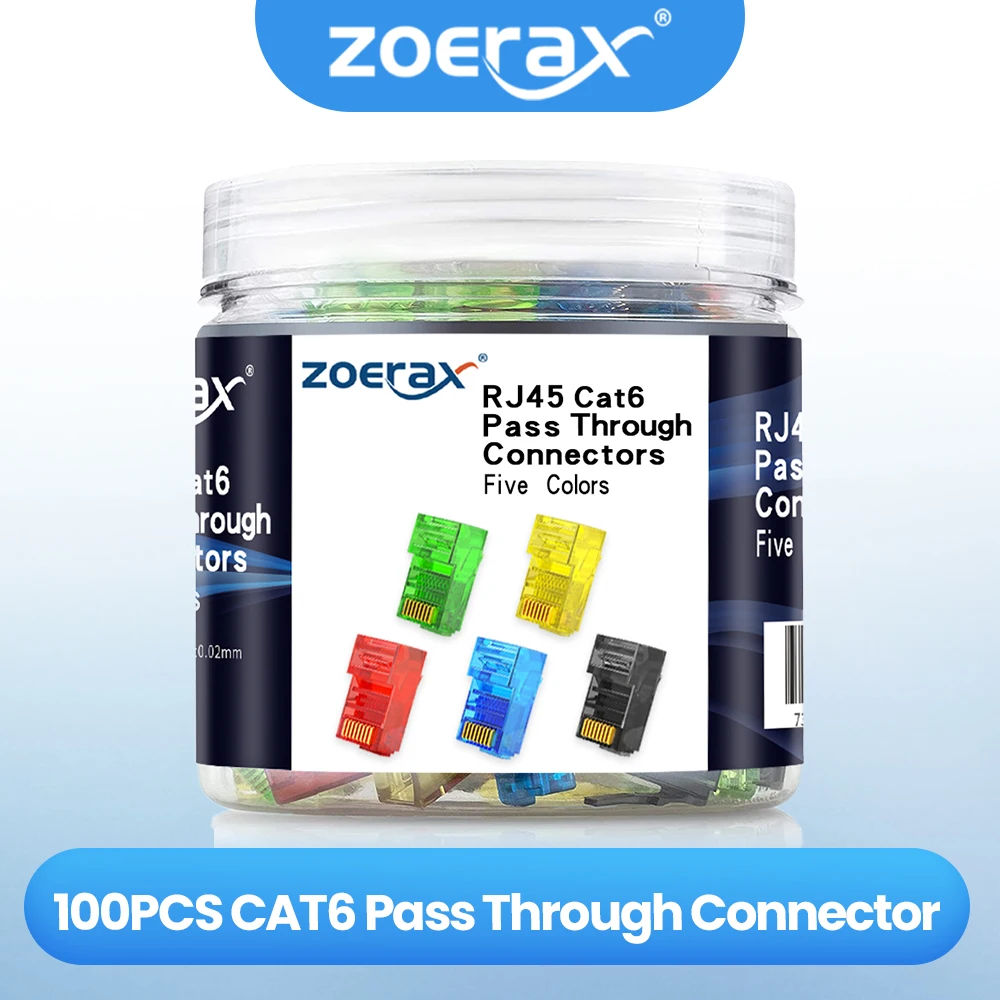 

ZOERAX 100-Pack RJ45 Cat6 Pass Through Connector, Assorted Colors, RJ45 Modular Plugs for Solid Or Stranded UTP Cable