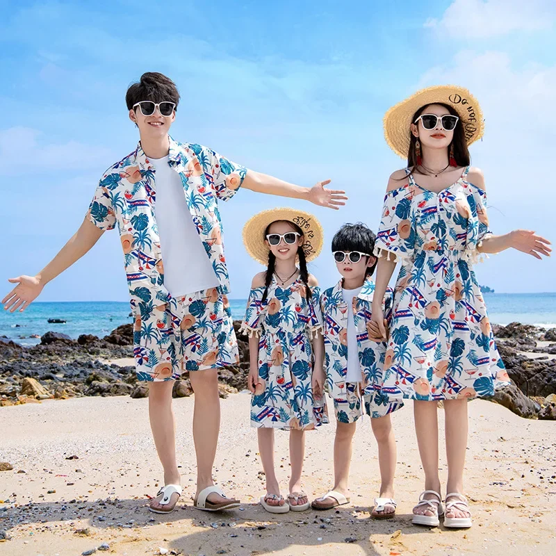 Vacation Look Family Clothes Mom Daughter Resort Dress Dad Son Two Piece Sets Korean Parent-child Matching Beach Couple Clothing