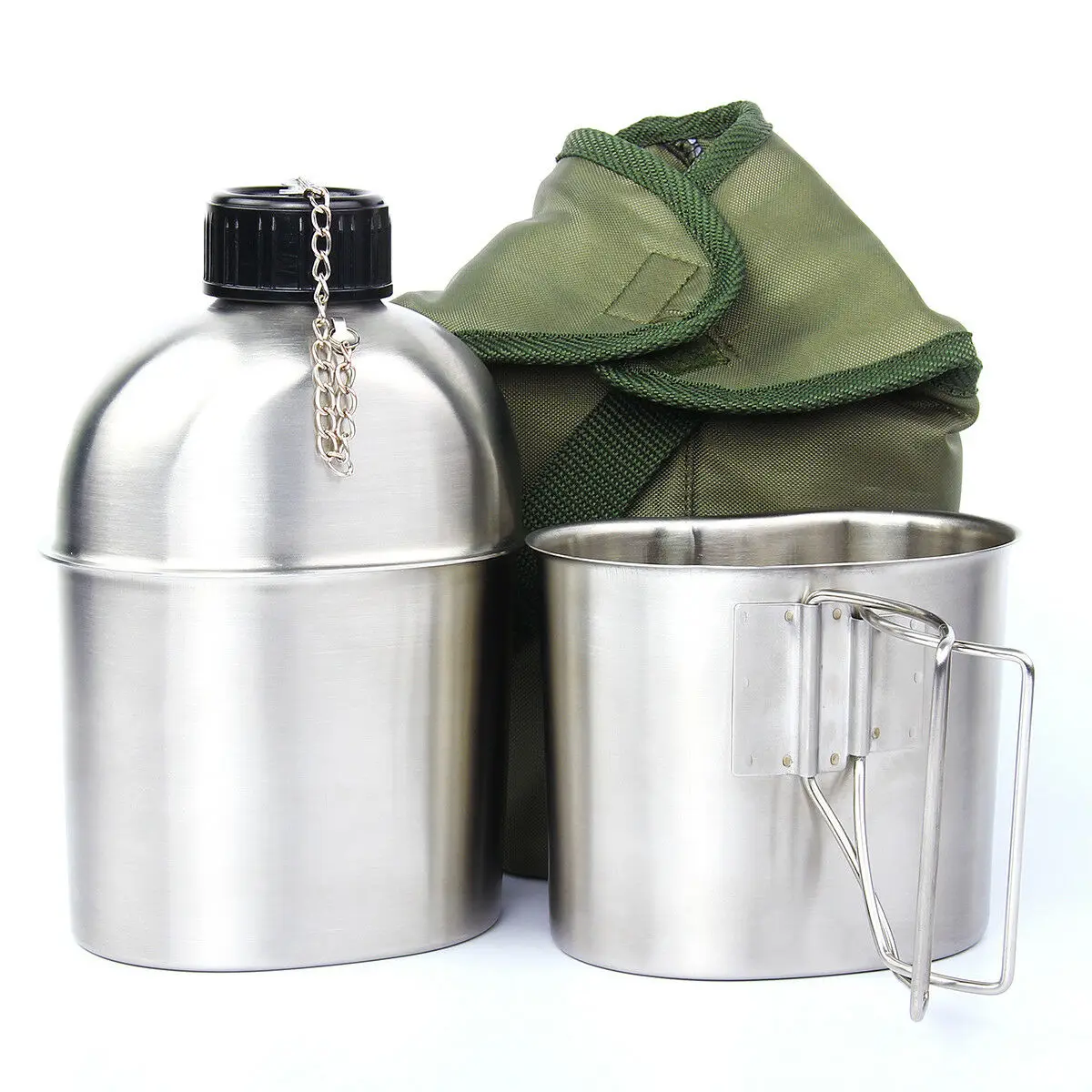 0.5L 1L Stainless Steel Military Canteen Portable Cup Green Cover Camping Hiking Army Camping Picnic Tableware Travel Accessorie