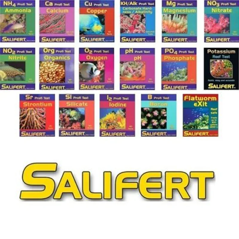 Kit de prueba Salifert Ca Calcium Cu I2 KH Mg NH4 amoniaco NO2 nitrita NO3 nitrato PH PO4 Sr tanque de arrecife de prueba de agua de potássio