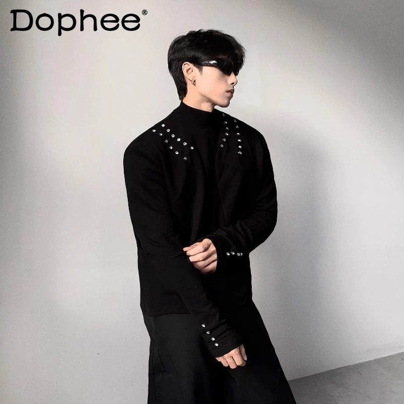 

Мужские футболки с подкладкой на плечо, осень-зима 2021, новые легкие роскошные футболки со стразами и полувысоким воротником, длинными рукавами и подкладкой, элитные мужские топы