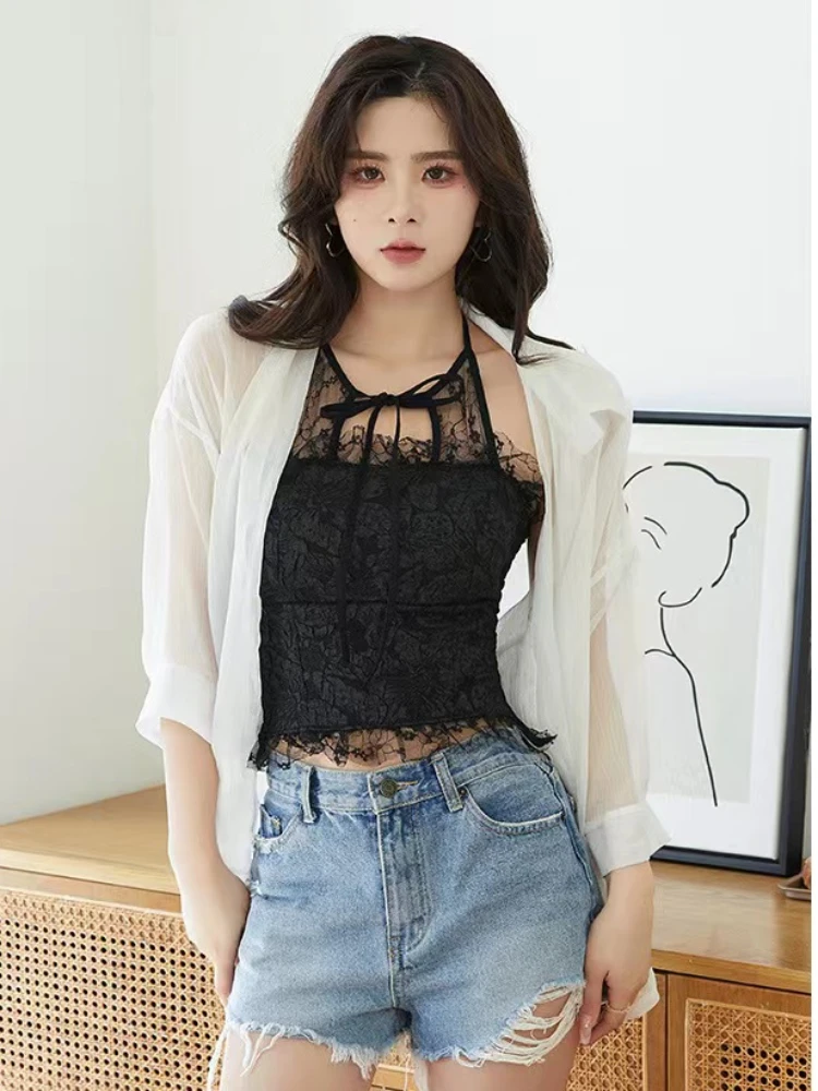 Halter Neck Solid Lace Tops Drawstring Camis Women Pleated Elastic Waist Pedded Bar Sexy Fashion Streetwear Summer Female Chic