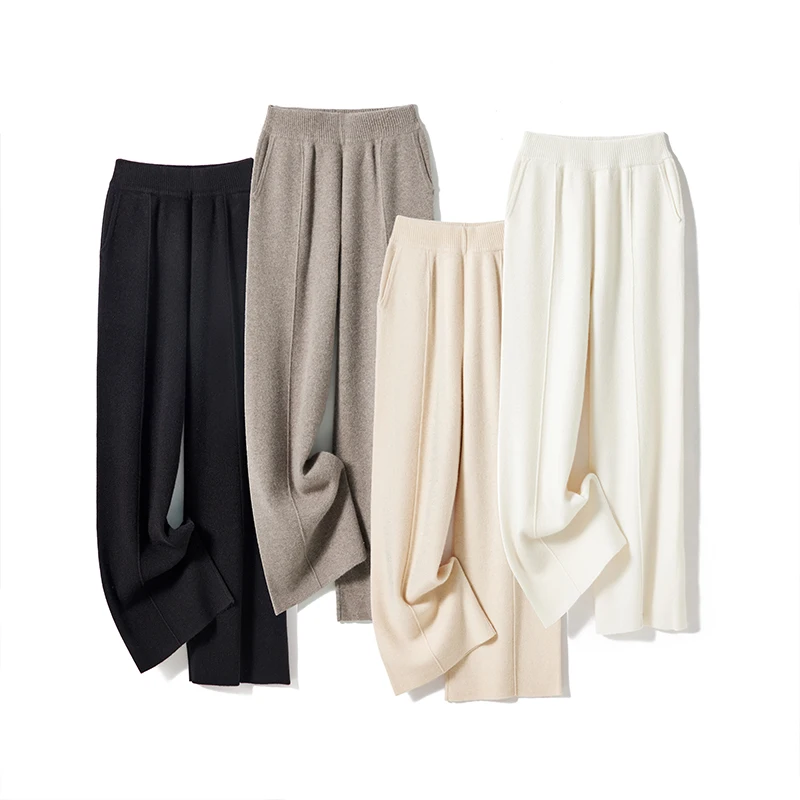 New Women' s Wool Side Pocket Wide Leg Pants Autumn Winter 100% Merino Wool Knit Pants Chic Office Lady Middle Seam Pants