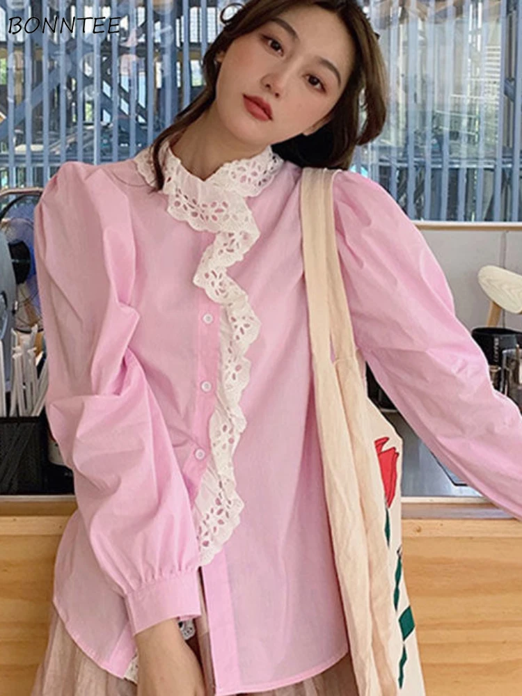 

French Style Shirts Women Sweet Girls Clothing Puff Sleeve Solid Lace Button Spring Patchwork Simple Leisure Students Fashion