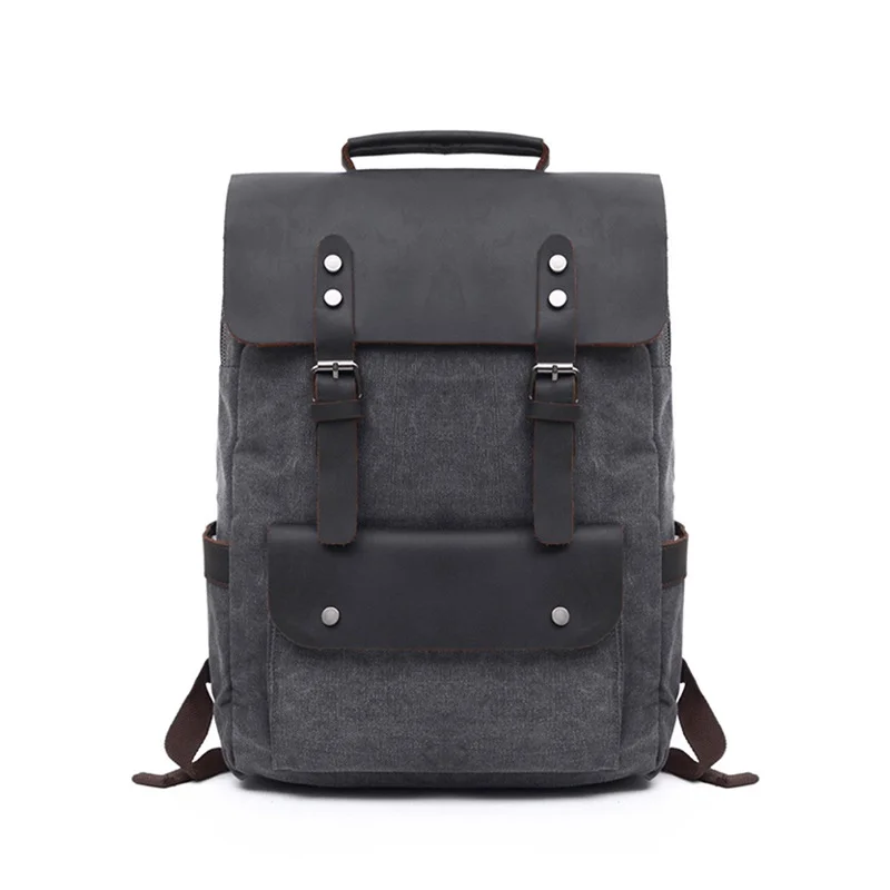 Vintage Canvas Backpack Customizable Logo Unisex College Style Bookbag Cotton Canvas With Genuine Leather Trim