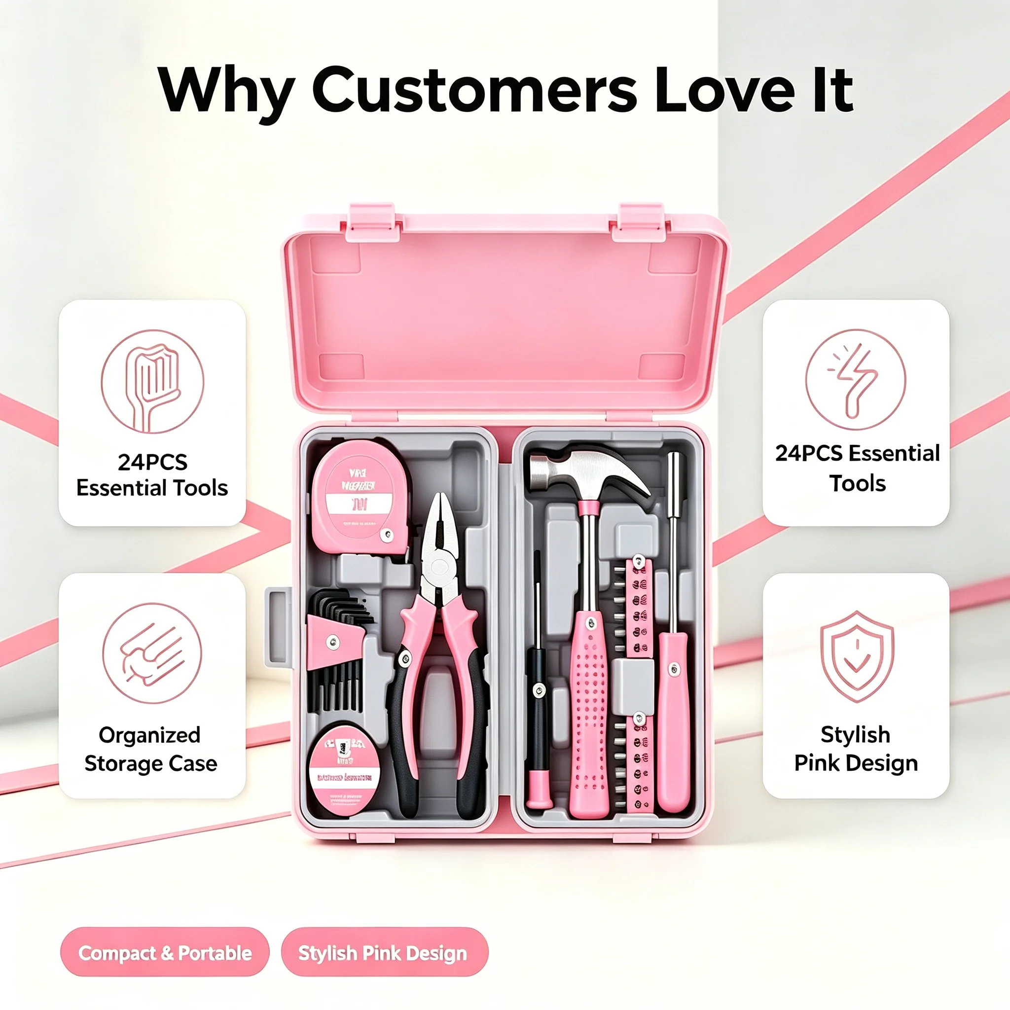 Pink 24 Piece Repair Tool Set With Storage Case For Home DIY Handwork