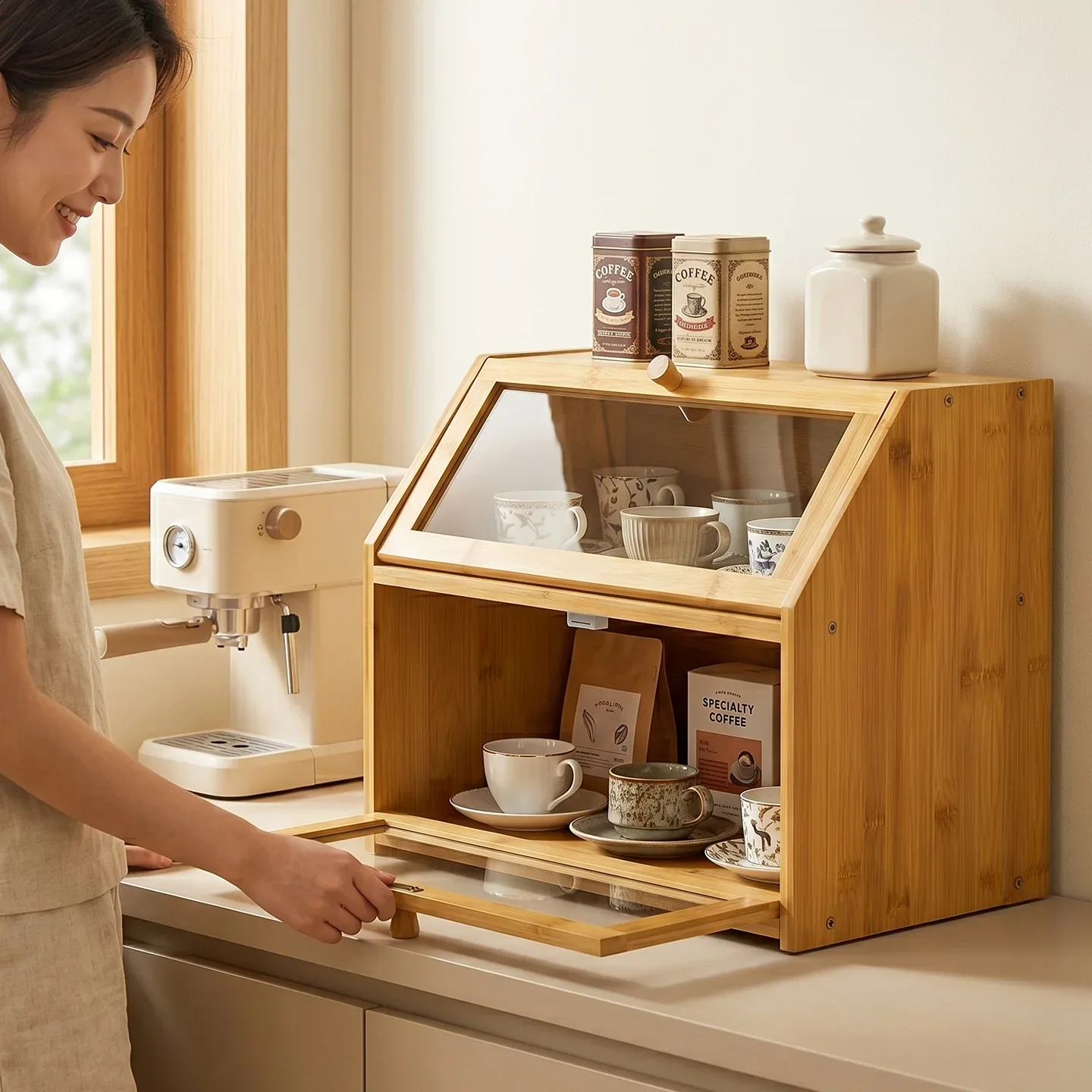 Solid wood cup holder, cup storage rack, desktop tea cup set, coffee cup, water cup, dining table, countertop, dust-proof side