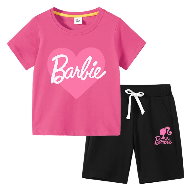 T-Shirt à Manches Courtes et Col Ras du Cou pour Garçon et Fille, Ensemble Deux Pièces en Coton, Style Kawaii, Décontracté, Blanc, Barbie, Été, 2024