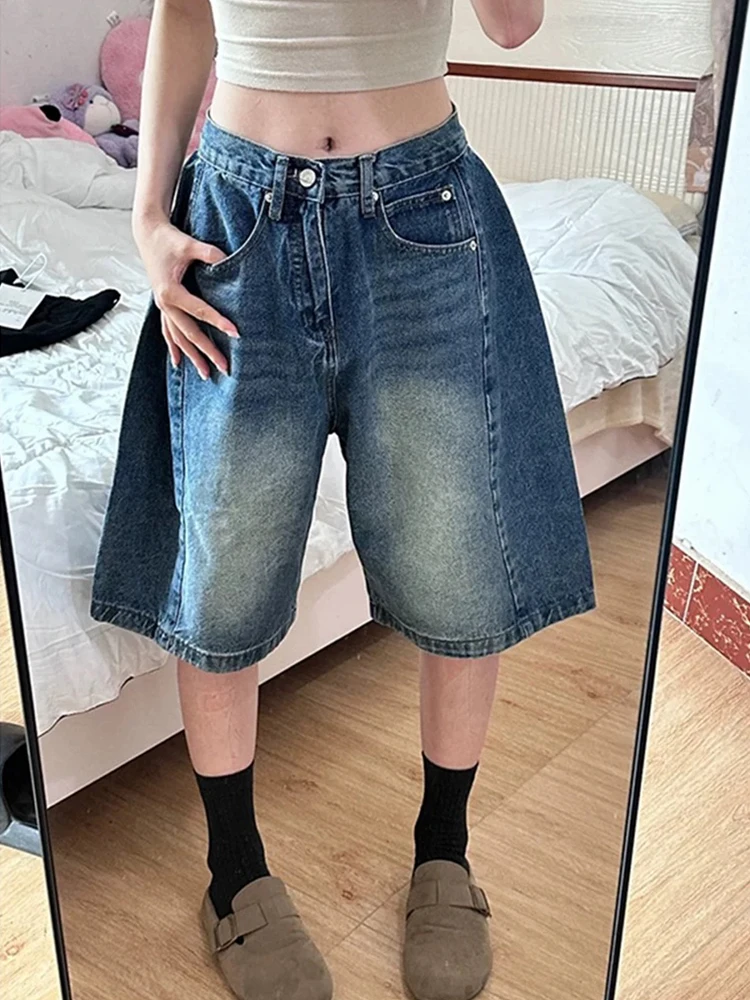 กางเกงยีนส์ทรงเอไลน์สีน้ำเงินเอวสูงขาตรงสำหรับผู้หญิงไซส์พลัส ทรงหลวม ขาบาน ความยาวห้าส่วน ช่วยให้ดูผอมลง เหมาะสำหรับฤดูใบไม้ร่วง