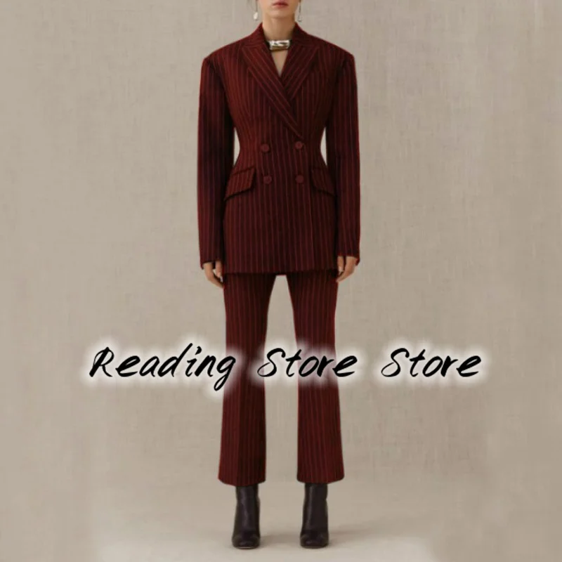 Women\'s Suit 2-piece Solid Color Striped Double-breasted Temperament Lapel Slim Business 2022 New Sexy Jacket المرأة البدلة سليم