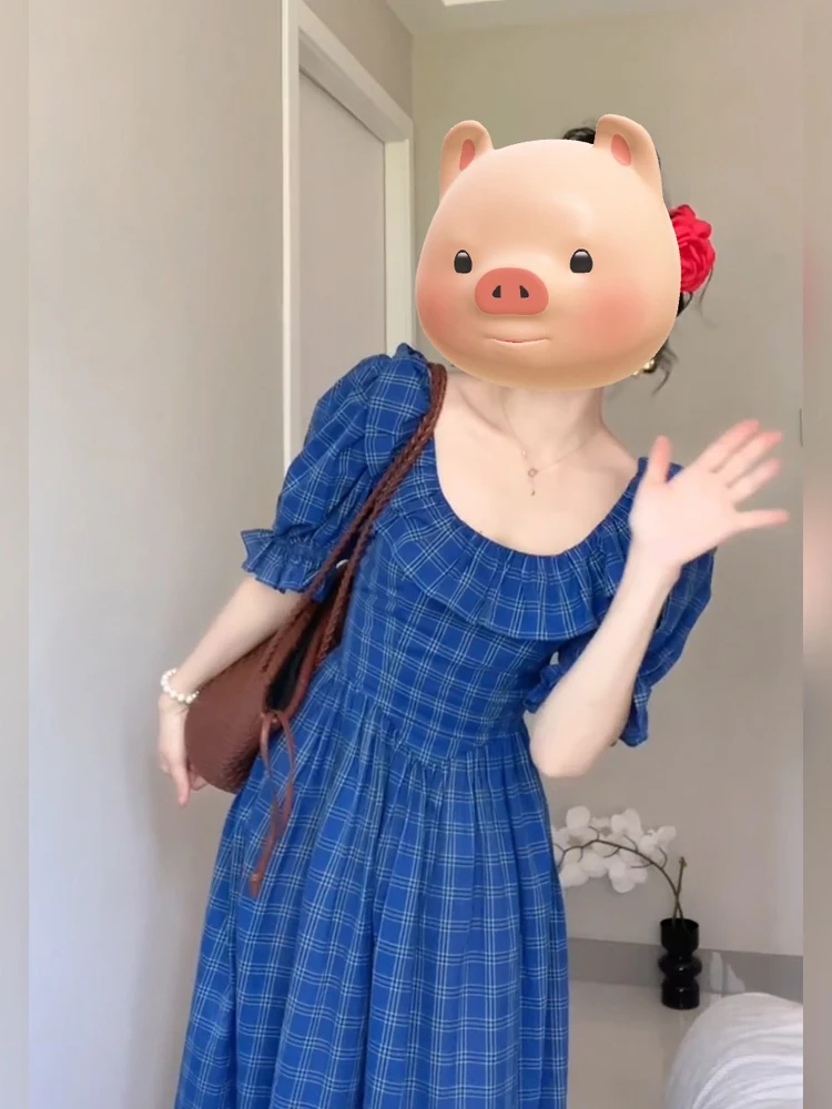 

Blue Plaid Princess Long Dress Women's Summer Slimming A-Line Dress Bubble Sleeve Casual Polyester Fiber Fat MM Elegant Style