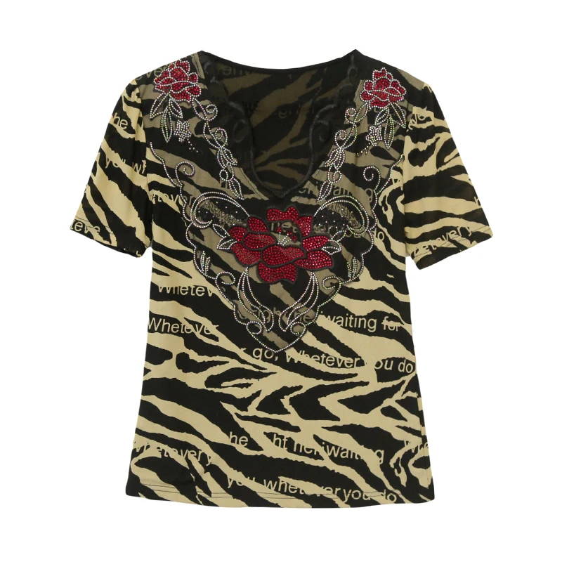 Preto, verão, coreano, estilo, camiseta, chique, sexy, decote em V, patchwork, renda, carta, brilhante, diamantes, feminino, tops, manga curta, camisetas, novo,551201