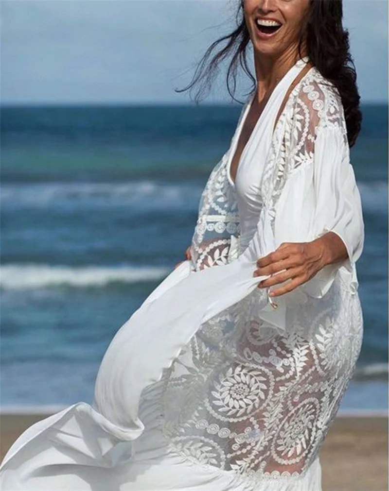 Vestido playero largo de encaje para mujer, traje de baño Sexy de gasa para cubrir Bikini, cárdigan, bata de salón, camisa de protección solar para vacaciones, Blusa