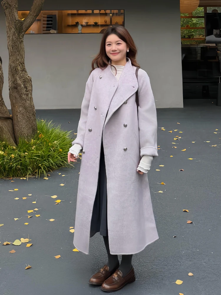 

2026 Autumn Winter Women's Loose Fit Woolen Coat Purple Medium Length Elegant Style Korean Fashion plus Size Outerwear