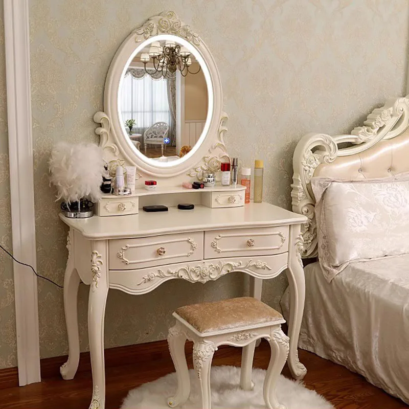 Luxo alças Dressing Table com gavetas, Quarto de madeira, Penteadeira branca, luzes gavetas, Chiffon Móveis