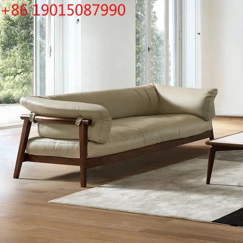 

Nordic solid wood sofa North American black walnut, leather villa living room furniture minimalist light luxury