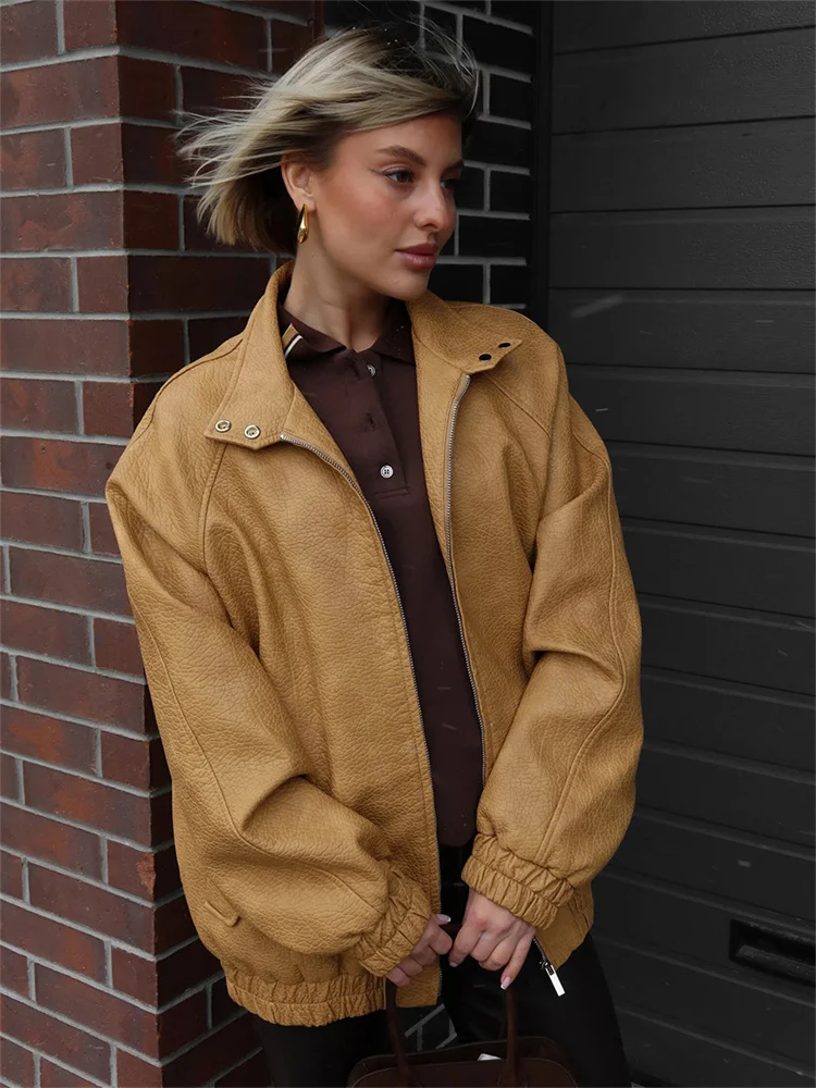 

Tossy Autumn Fashion PU Jackets Outwear Women's Pocket Zipper Loose Patchwork Commute Leather Coat Female Vintage Jackets 2025