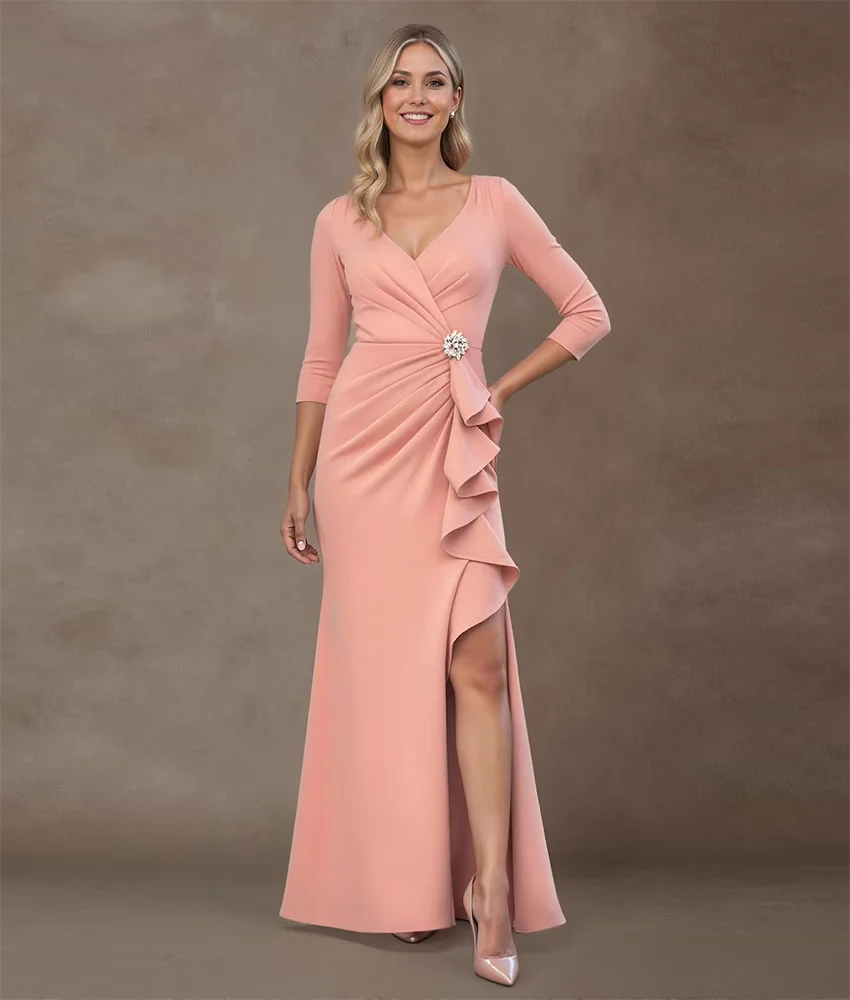 Gaun Malam Ruffles Kristal Putri Duyung Jersey Anggun Kustom Gaun Prom Panjang Lantai Leher-v Lengan 3/4 Mode Baru