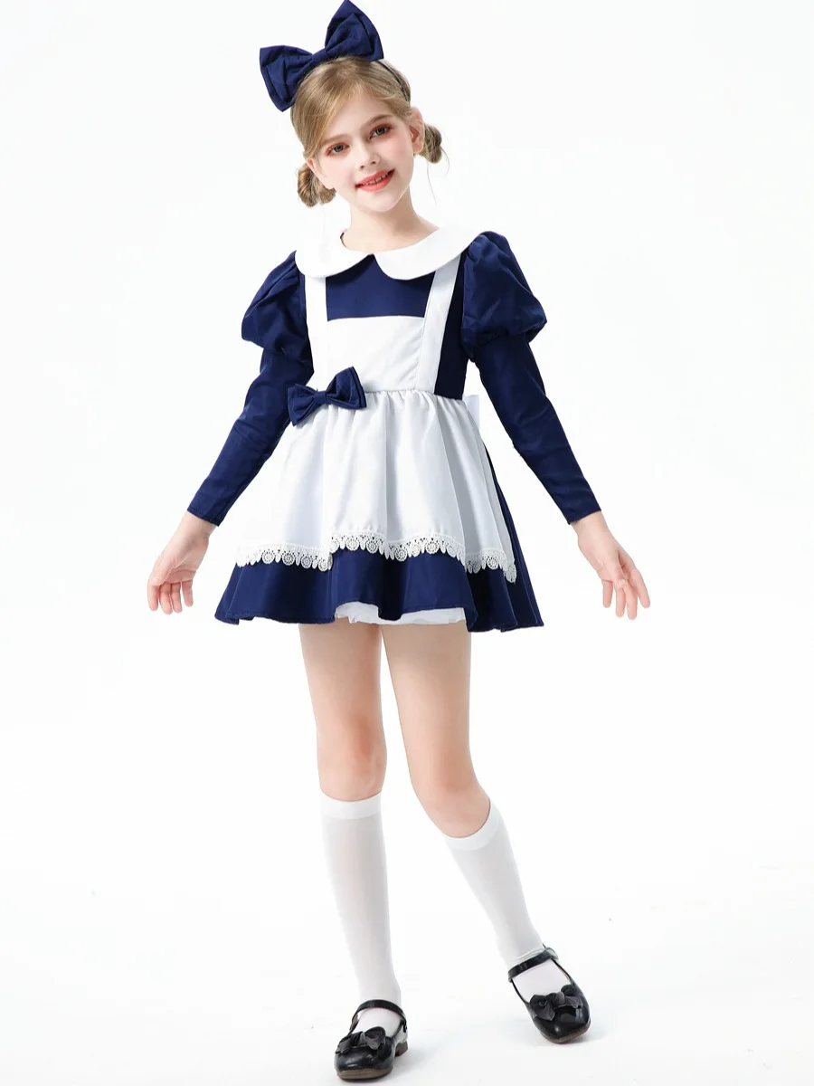 Anime Girl Blue Alice Cute Maid Costume Cosplay blu scuro Lolita Collection manica lunga vestito da cameriera Set Girl Maid Party Costumes