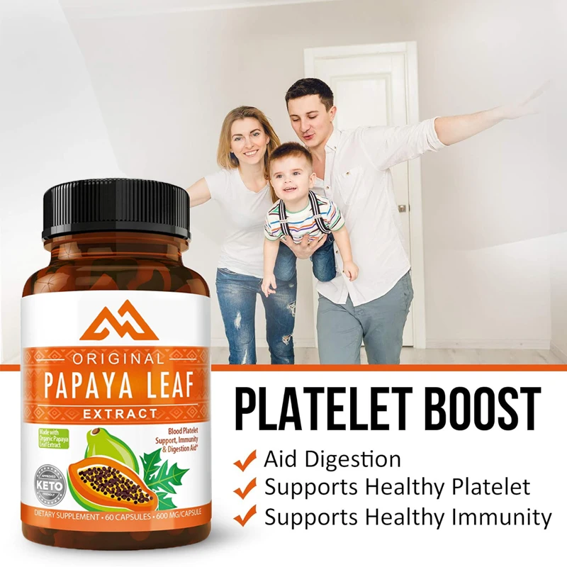 Papaya Leaf Extract Digestive Enzyme 60 Vegetarian Capsules Blood Plate, Bone Marrow, and Robust Support Immune Intestine