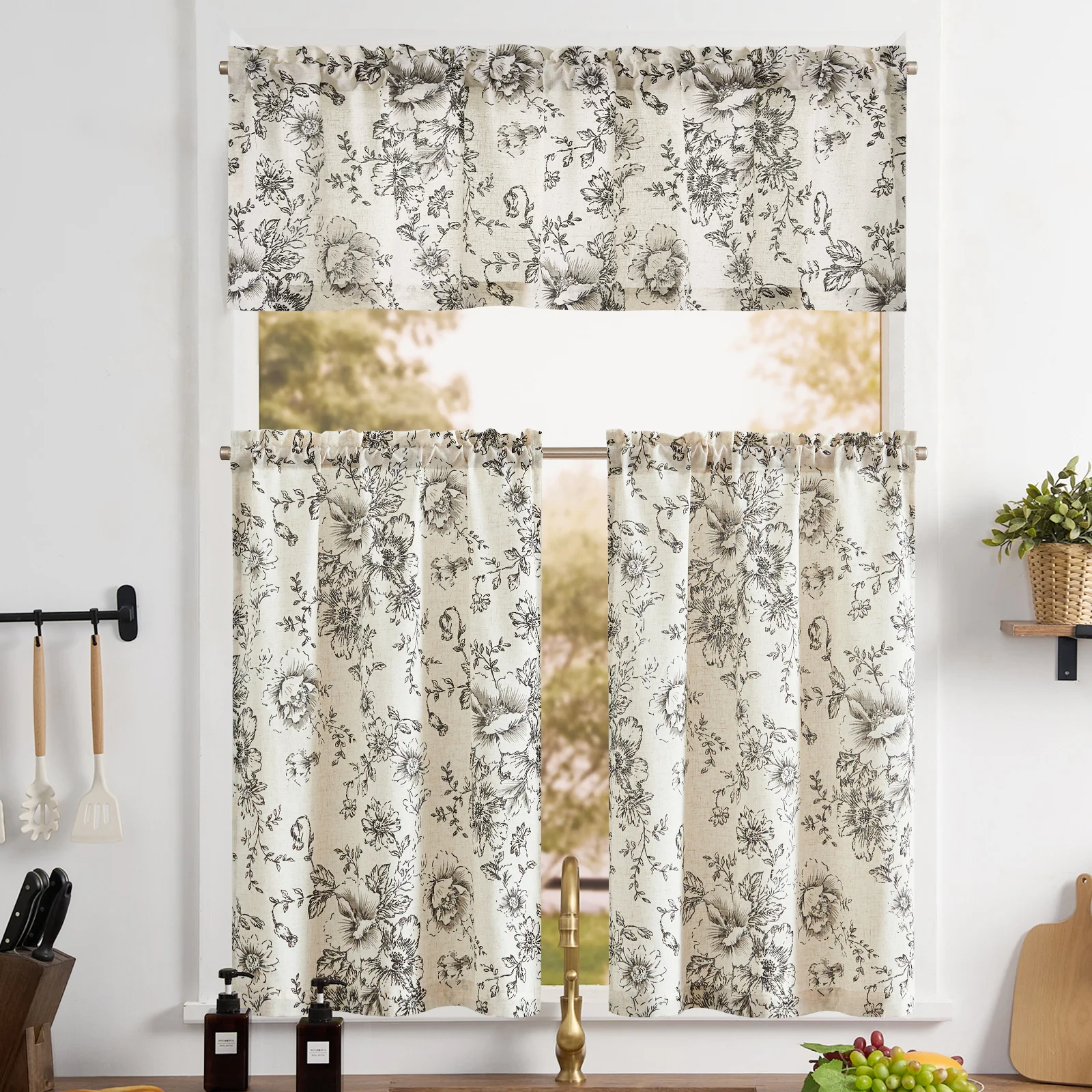 

JINCHAN 3PCS Set Linen Tier Floral Kitchen Curtains And Valance Cafe Small Window Curtain For Living Room Rod Pocket Drapes