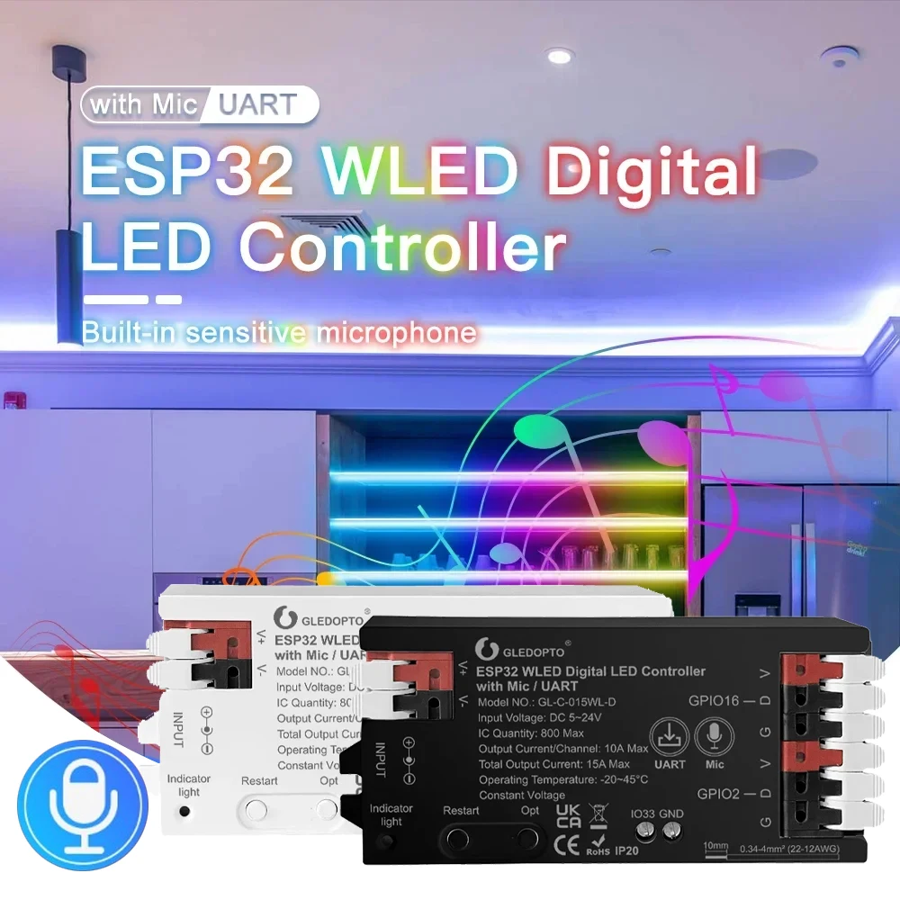 015WL-D ESP32 WLED LED Controller Mic UART Download Music Sound Dynamic RGB DIY WiFi WS2811 WS2812 SK6812 TM1814 WS2813 WS2815