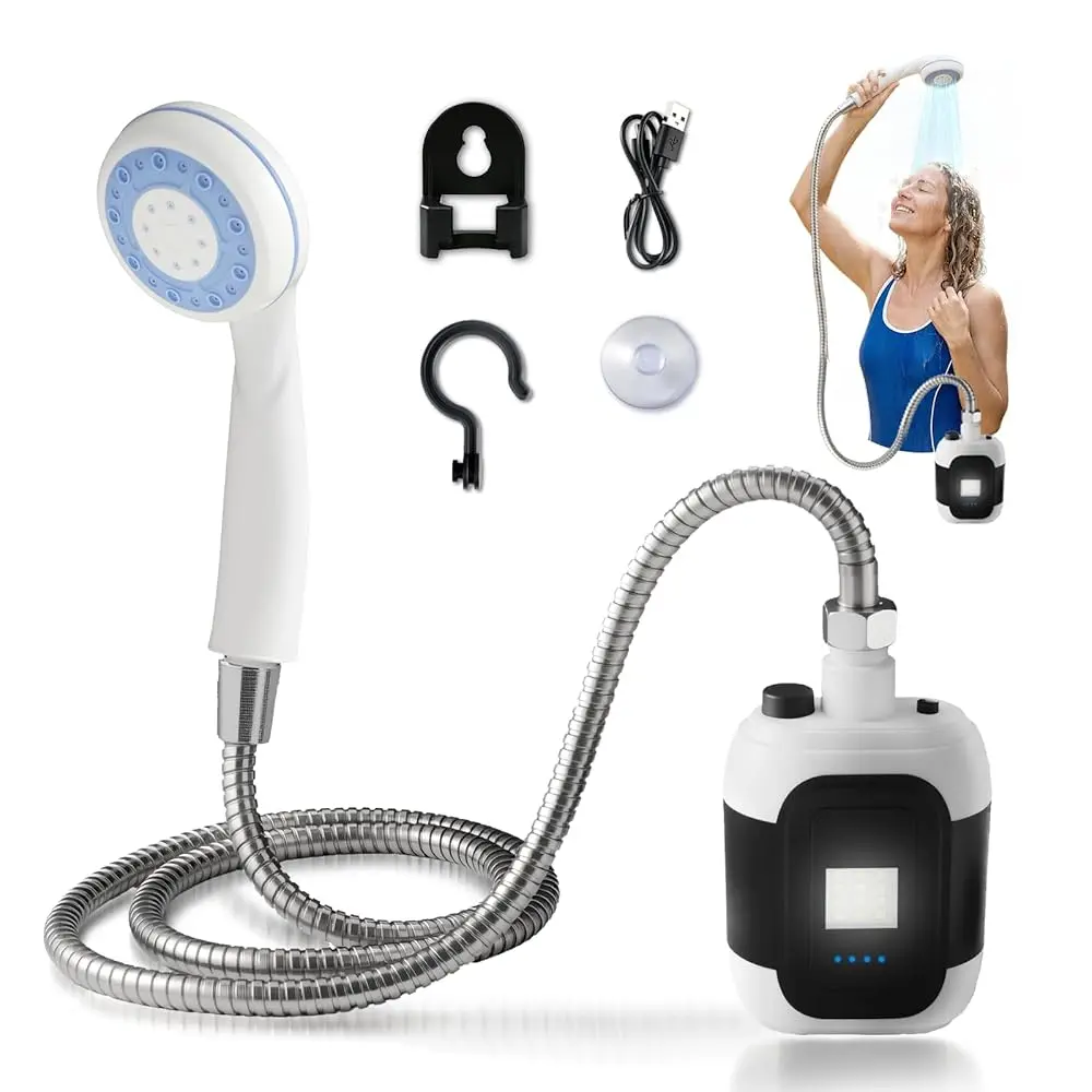 

Free Shipping-Portable Rechargeable Camping Shower Pump - 4000mAh Battery Outdoor Shower Head Sprayer, Draws Water from Bucket f