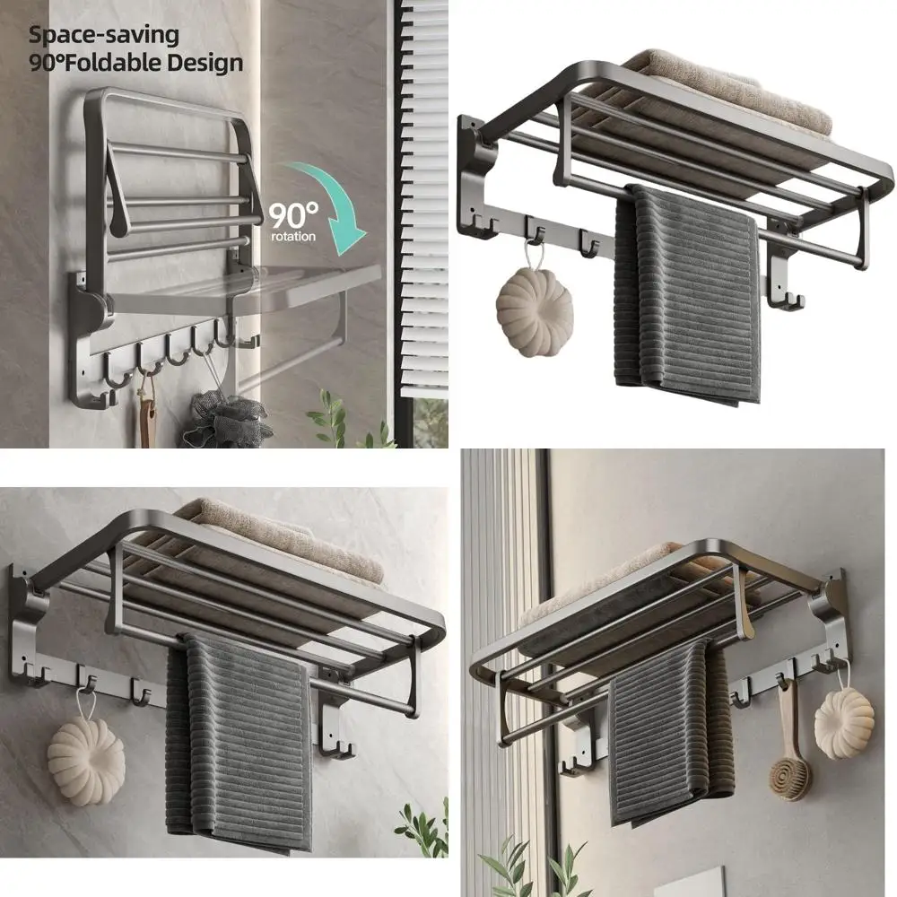 

Modern Gray Foldable Wall-Mounted Towel Rack with Bar and Hooks, 23.6 Lavatory Organizer