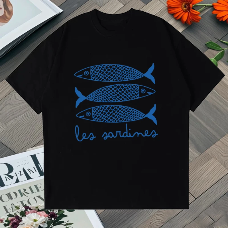 

Hot sale Summer Trend Sardine Graphic Printed Tee shirt Men Women 100% Cotton harajuku Casual short sleeve T-shirts Unisex Tops